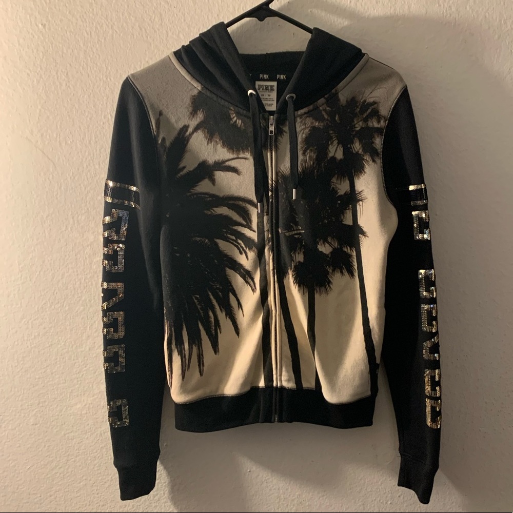VS PINK RARE Sequin Palm Tree Zip Up Hoodie